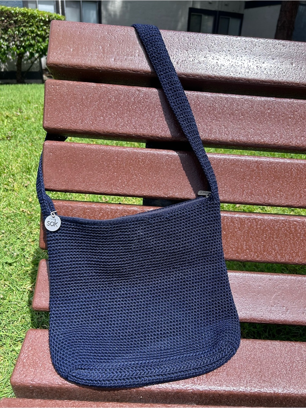 The Sak Navy Knit shoulder bag with Silver Logo Plate